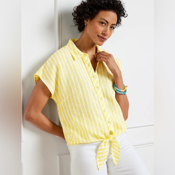Talbots Linen Tie Hem Button Front Top Size Large Petite In Seashore Stripe - Picture 1 of 6